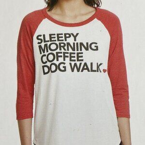 NEW Chaser Red White 3/4 Sleeve Baseball Tee Sleepy Morning Coffee Dog Walk XL